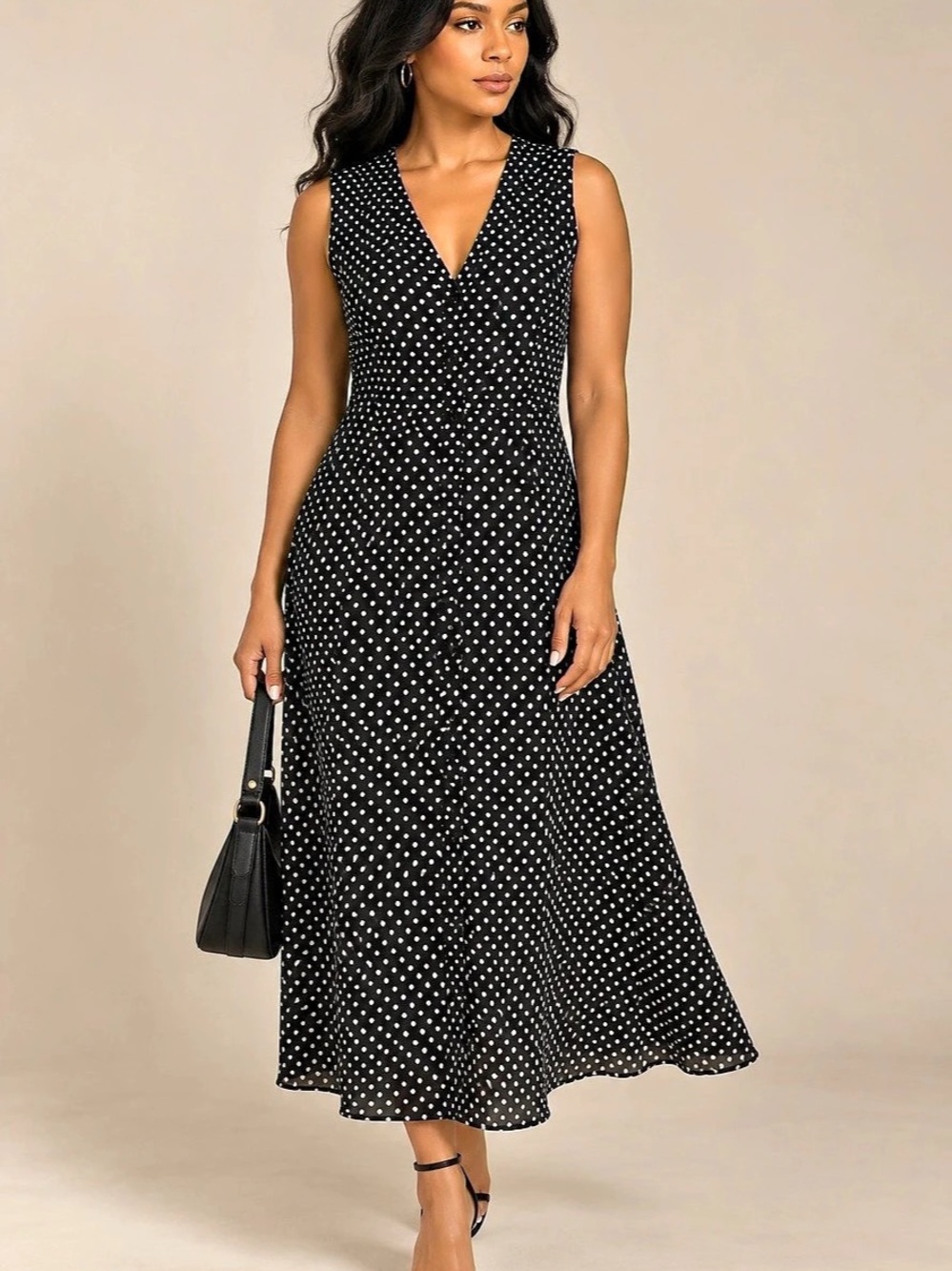 Michael Kors Black & White A-Line Polka Dot V-Neck Midi Dress Size Large